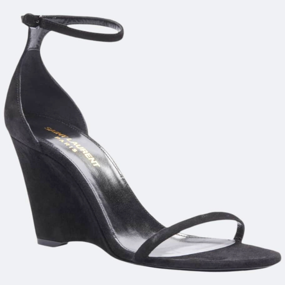 SAINT LAURENT Lila 85 Black Suede Wedge Sandals 36.5
